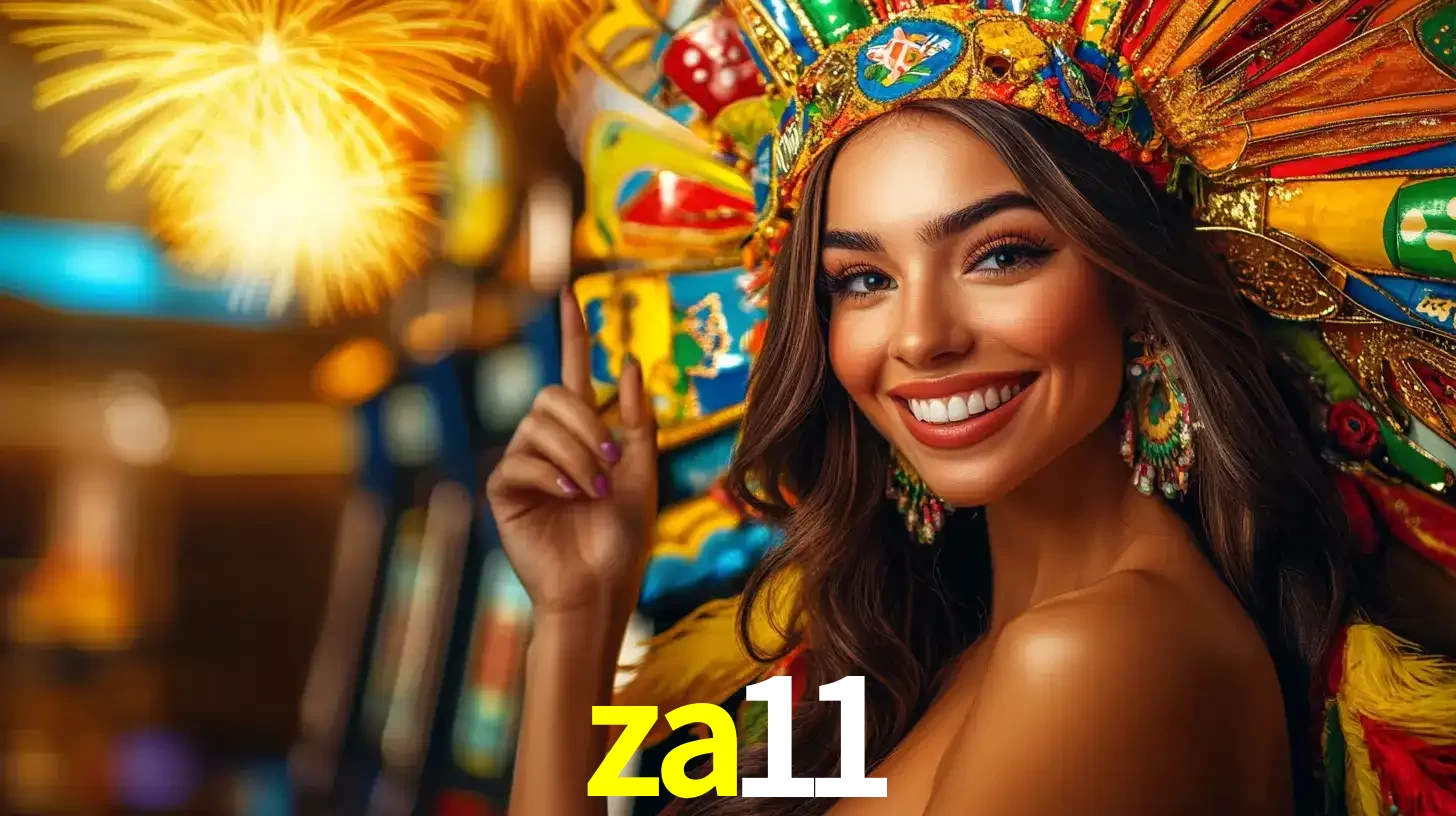 Mulher sorridente com um cocar de carnaval vibrante e colorido, celebrando uma grande vitória nos jogos do cassino za11 com fogos de artifício ao fundo.