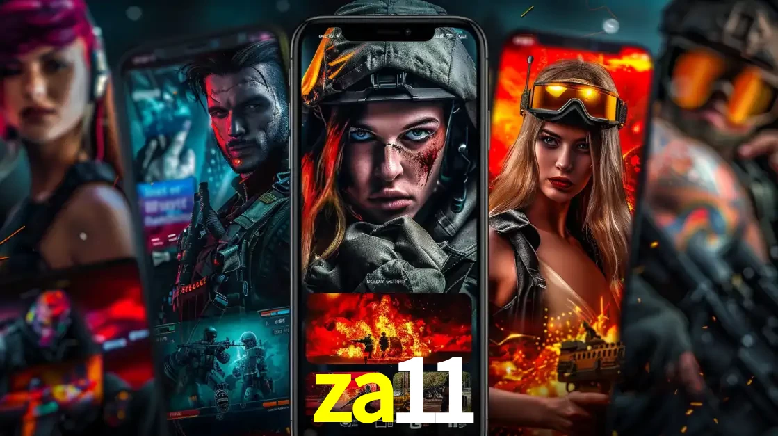 Montagem de telas de celular mostrando diversos personagens, masculinos e femininos, de um jogo de tiro, ilustrando a diversidade de equipes de e-sports para apostar no za11.