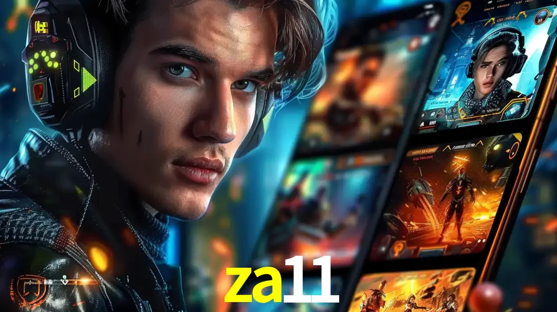 Jovem jogador com fones de ouvido olhando para a câmera, com um aplicativo de jogos e e-sports para celular ao fundo, pronto para a competição e apostas no za11.