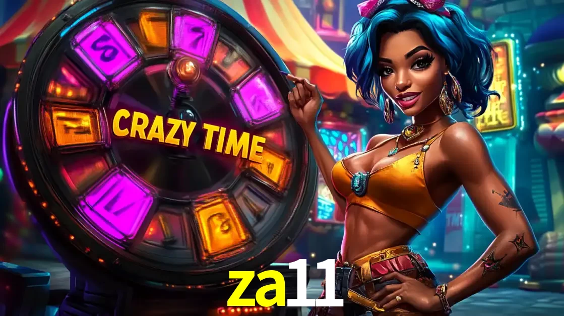 Mulher estilizada com cabelo azul e visual vibrante posando ao lado da roda de prêmios do game show Crazy Time, convidando para a diversão e os bônus do cassino za11.